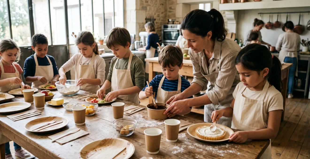 Des enfants préparent une recette autour d'une table équipée de vaisselle jetable écologique dans une cuisine claire.
