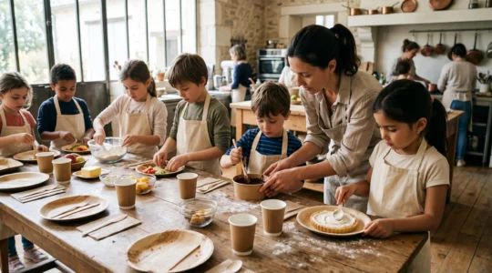 Des enfants préparent une recette autour d'une table équipée de vaisselle jetable écologique dans une cuisine claire.