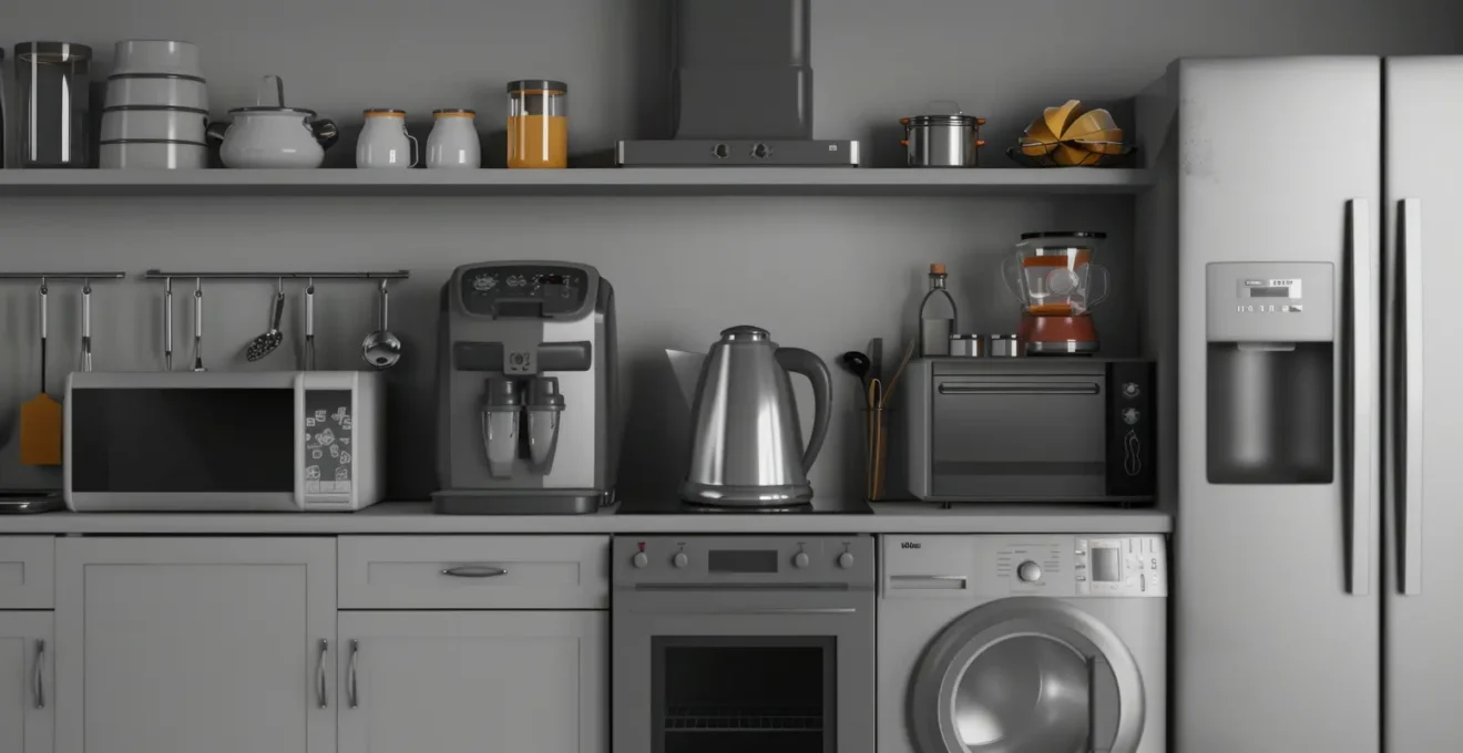 Gros plan d'un mixeur plongeant avec son câble électrique serré et plié de façon problématique dans un placard de cuisine trop étroit