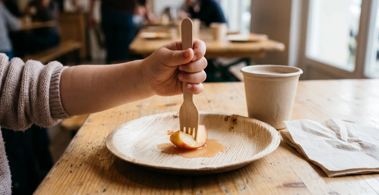 La main d'un enfant tient une fourchette en bois au-dessus d'une assiette en feuille de palme.