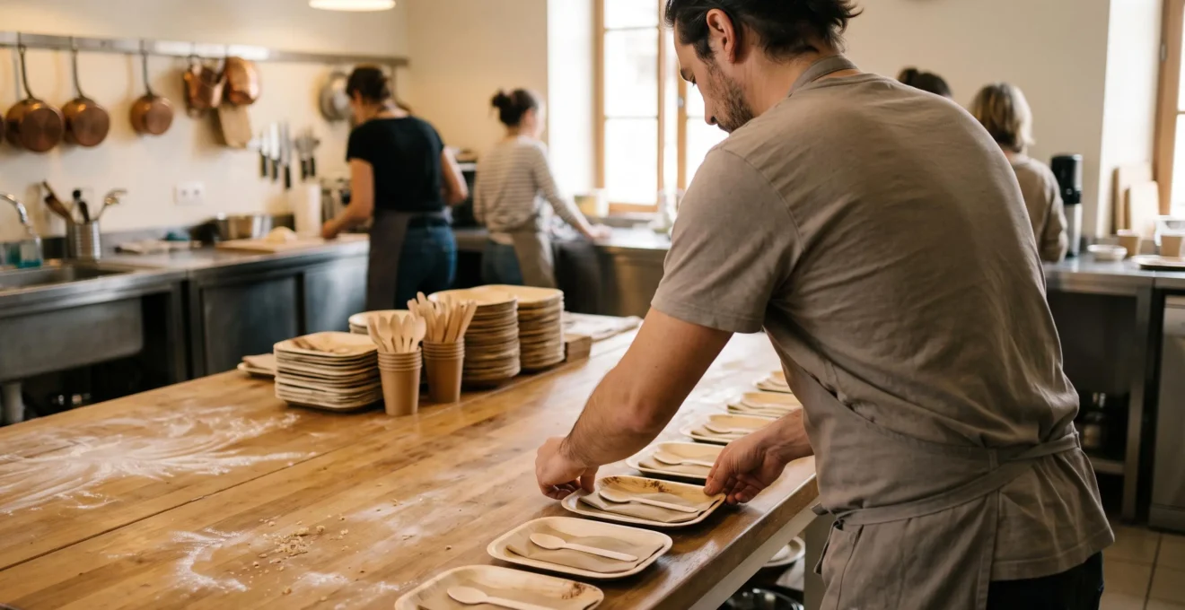 Un organisateur dresse une rangée d'assiettes en fibre avec couverts en bois sur une table de dégustation.